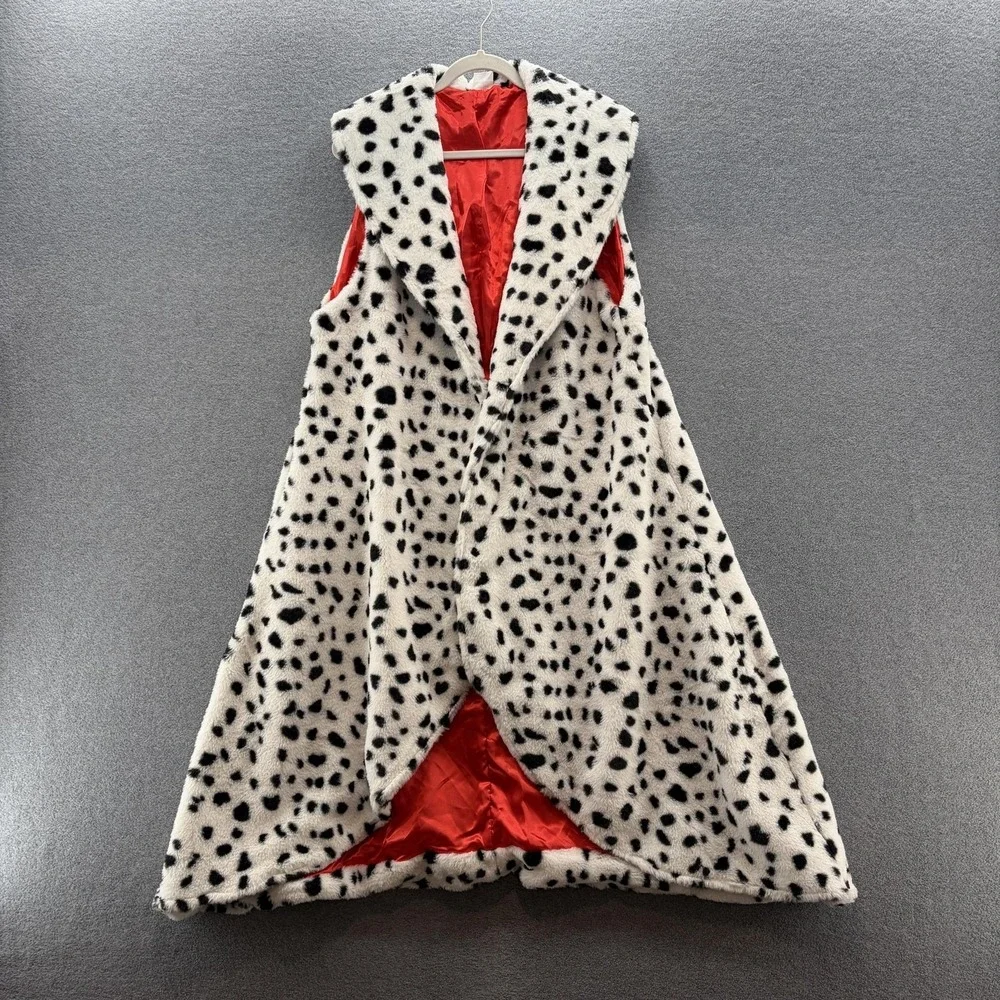 Disney Cruella Vest Womens L or XL White Dalmatian Faux Fur Hooded Long Costume